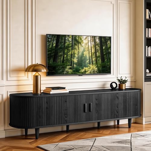 MXV 70" TV Stand with Sliding Doors for Living Room, Mid Century Modern Entertainment Center, TV Console with Fluted Door Cabinets and Power Outlet, Black by Unknown