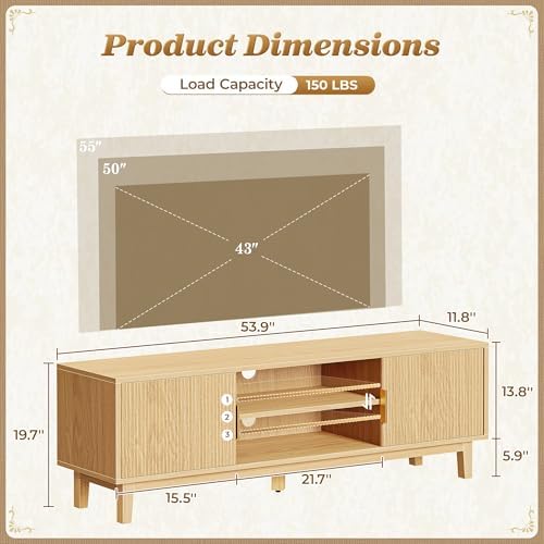 PRAISUN 54 Inch Fluted TV Stand for TVs Up to 55, 60 Inch, Mid Century Modern Entertainment Center with Storage, TV Console with Adjustable Shelves, Midea Console for Living Room Bedroom, Beige - Image 3