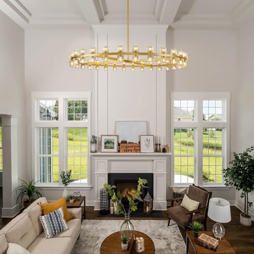 Modern 60 inch Gold Round Chandelier, Extra Large Chandeliers Crystal Chandeliers for Living Room, Large Wagon Wheel Chandelier for Foyer, Staircase, Entrance,Includes Bulb - Image 2
