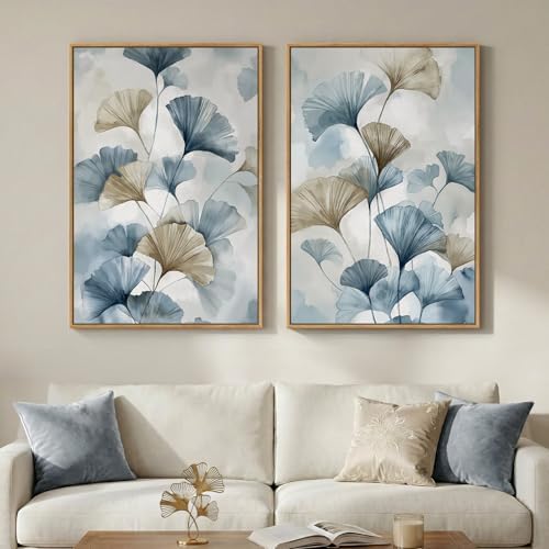 Large Framed Blue Neutral Botanical Ginkgo Wall Art Set of 2, 24x36 Inch by Cuspin