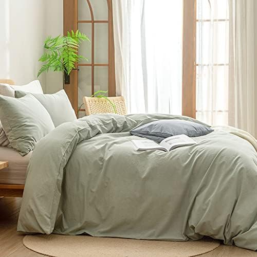 BESTOUCH Cotton Solid Duvet Cover Set Linen Feel Sage Green Oversized King - Image 3