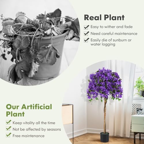 Goplus 53” Bougainvillea Artificial Tree, Faux Silk Flower Tree in Pot w/ 576 Flowers, 288 Leaves, Tall Fake Floor Plant, Artificial Plants for Indoor Outdoor Bedroom Living Room Decor, Purple - Image 6