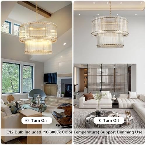 3-Tier Modern Gold Round Chandelier, 37" Water Ripple Crystal Glass Chandeliers for High Ceiling,16-Lights Luxury Adjustable Hanging Chandelier for Living Room, Foyer, Staircase, Dining Room, - Image 5