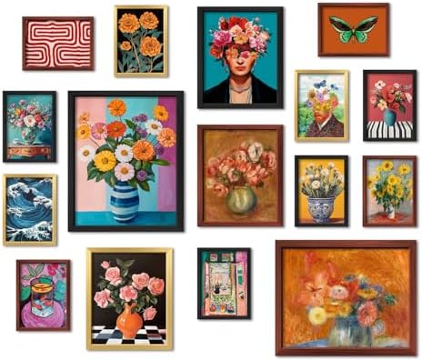 16 PCS Framed Eclectic Wall Art Decor, Mid Century Modern Maximalist Home Gallery Wall Frame Set Prints for Bedroom Bathroom, Colorful Posters for Living Room Aesthetic, Floral Artwork Collage Kit by ANERZA
