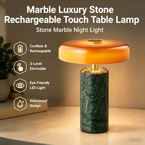 Marble Table Lamp Cordless with Glass Shade, 3-Way Touch Dimmable Modern Green Small Desk Lamp, Solid Marble Base Portable Nightstand Light for Bedroom and Living Room Decor - Image 4