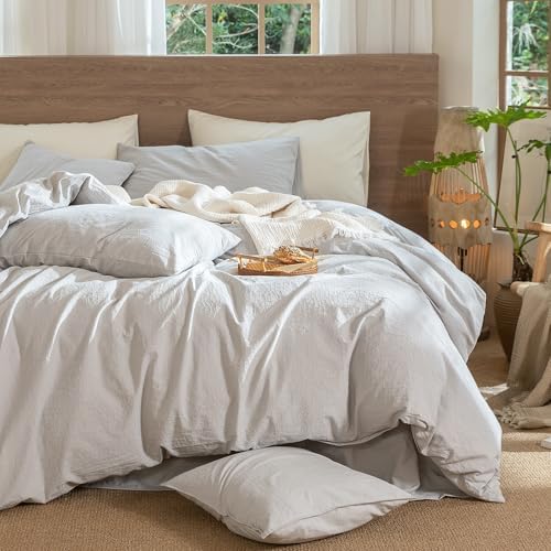 MooMee Wavy Striped Duvet Cover Set 100% Washed Cotton Linen Like Textured Breathable Durable Soft Comfy (Light Grey, Super King 108"x98") - Image 6