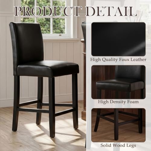 GOTMINSI Set of 2 Classic 24 Inches Counter Height Stools Upholstered Bar Stools with Solid Wood Legs and Black Leather Counter Stool(PU Black) - Image 6