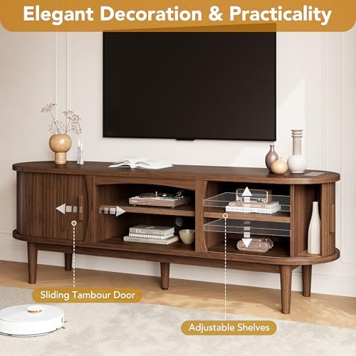Decofy 63" Fluted TV Stand for TVs Up to 70" with Charging Station, Walnut - Image 3
