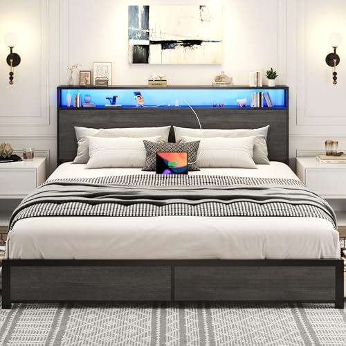 Lifezone King Bed Frame with 2-Tier Storage Headboard, Metal Platform Bed Frame with 4 Storage Drawers, Built in Charging Station & LED, Noise-Free/Metal Support/No Box Spring Needed, Rustic Grey - Image 5