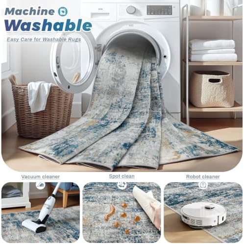 pmtsns Area Rugs 9x12 for Living Room: Washable Rug Modern Abstract Neutral Soft Non-Slip Low-Pile Indoor Large Carpet for Bedroom Dining Room Playroom Home Office (BlueGreyGold, 9'x12') - Image 3