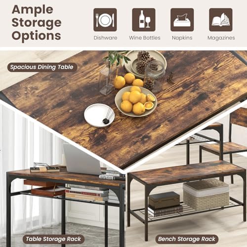 Giantex Dining Table Set for 4, Kitchen Table with Chairs & Bench, Storage Racks, Metal Frame, 4-Piece Space-Saving Dinette Set for Dining Room, Breakfast Nook, Small Space, Apartment,Rustic Brown - Image 4