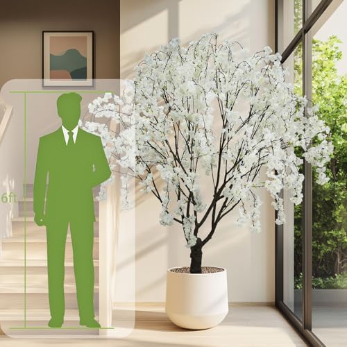 Artificial White Cherry Blossom Tree, 7 Ft Tall Indoor Faux Plant with Cascading Branches, Potted Decorative Tree for Home, Office, Living Room, Patio - Image 5