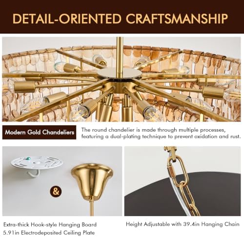 35in Large Chandelier Gold, Modern Dining Room Light Fixtures, 4 Layer Luxury Glass Chandelier 18 Light Chandeliers for Dining Room Kitchen Island Living Room (Amber Glass) - Image 6