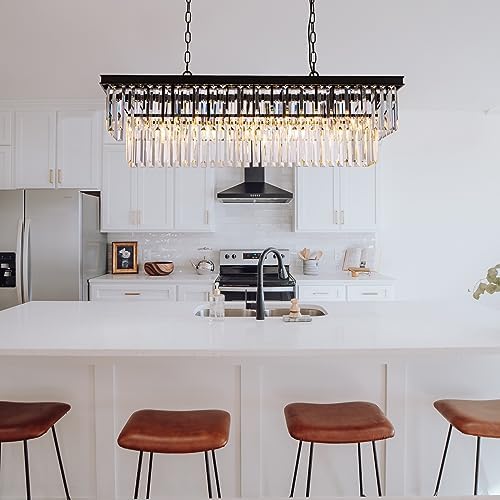 Wellmet Black Crystal Chandelier 40 inch for Dining Room, 11-Light Modern Linear Chandelier Ceiling Hanging, Farmhouse Chandeliers Light Fixture for Living Room, Dining Table, Bedroom, Kitchen Island - Image 6