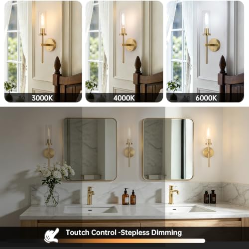 Shenmoyl Battery Operated Wall Sconces Set of 2, Gold Rechargeable Wall Lighting Fixtures, Dimmable Wall Lights with Remote & Clear Glass Shade for Living Room, Bathroom,Bedroom - Image 3