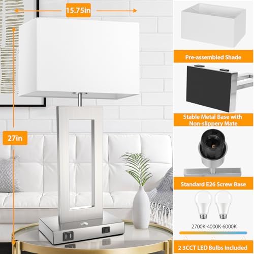 Table Lamps for Bedrooms Set of 2, 27.2’’ Tall Modern Silver Lamps for Living Room Nightstand, Touch Control Bedside Lamps with 2 USB Ports&AC Outlet, Stepless Dimming, 3 Color Temp. Bulbs Covered - Image 2