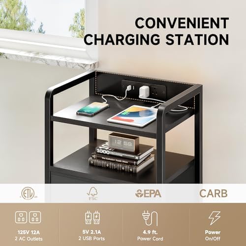 Lazzanto Nightstand with Rear Charging Station, LED Light, 3 Drawers, Black - Image 5