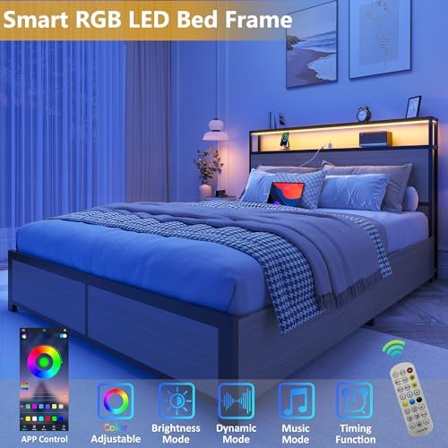 Lifezone Full Bed Frame with 2-Tier Storage Headboard, Metal Platform Bed Frame with 4 Storage Drawers, Built in Charging Station & LED, Noise-Free/Metal Support/No Box Spring Needed, Beige - Image 3