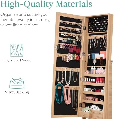 Best Choice Products Freestanding Jewelry Armoire Cabinet, Full Length Standing Mirror, Lockable Makeup Storage Organizer, w/Velvet Lining, 3 Angles, Lock, Accessory Pouch, 5 Shelves - Natural Oak - Image 5