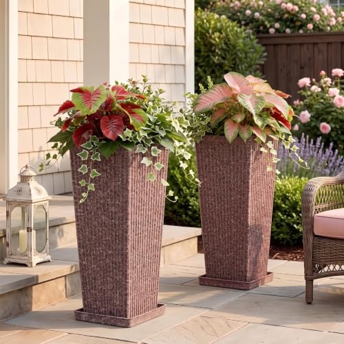 Square Tall Planters for Outdoor Plants with Tray - Stone Finishes - Image 6