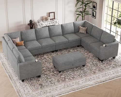Belffin Oversized U Shaped Modular Sectional Couches for Living Room 10 Seater Modular Sofa Set with Storage Ottoman Large Sectional Couch with Cup Holder. Light Grey Sofa - Image 4