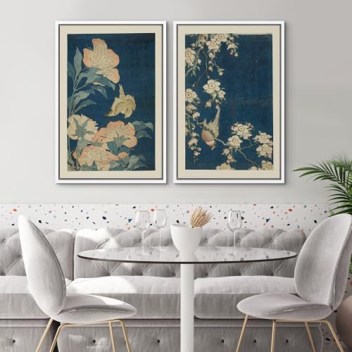 SIGNWIN Framed Canvas Print Wall Art Set Vintage Japanese Floral and Bird Illustrations Modern Art Rustic Ultra for Living Room, Bedroom, Office - 24"x36"x2 WHITE - Image 2