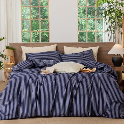 MooMee Striped Duvet Cover Set 100% Washed Cotton Linen Like King by MOOMEE