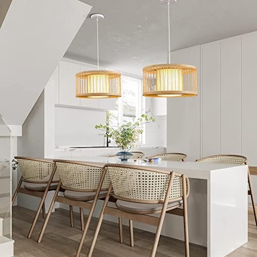 Boho Rattan Pendant Lights, 15.8" Coastal Drum Wicker Hanging Light Japanese Country Light for Dining Room Kitchen Living Room Bedroom, 1-Light E26 Base - Image 3