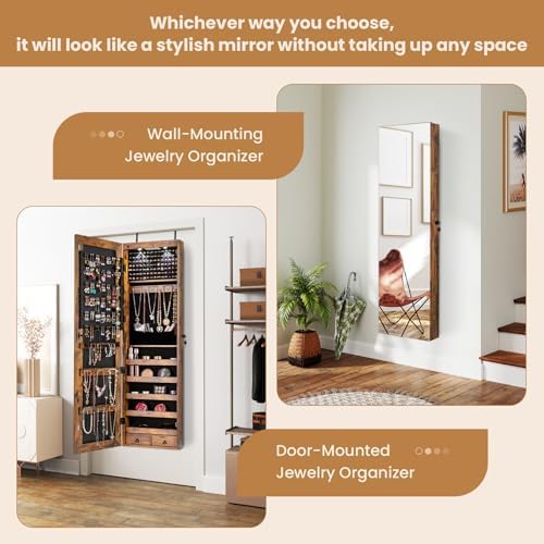 NAFORT 2 LEDs Full Length Mirror with Jewelry Armoire, Jewelry Organizers and Storage with 2 Mounting Options, 47.5”H Jewelry Cabinet with 2 Drawers, Make up & Lockable Jewelry Box, Rustic Brown - Image 7