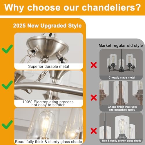 25" Modern Chandelier for Dining Room, No Assembly Required 6-Light Brushed Nickel Dining Room Light Fixture Over Table, Industrial Hanging Pendant Lights Fixture for Kitchen Island Foyer Entryway - Image 5