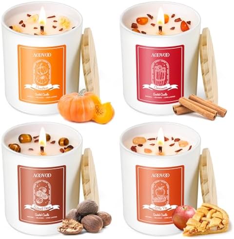 AOOVOO Fall Candles Set for Women - Aromatherapy Candle with Crystals Inside, 28 oz 200 Hour Long Lasting, 4 Pack Candles for Home Scented, Autumn Fragrance of Apple Pie/Cinnamon/Pumpkin/Nutmeg Beans by AOOVOO