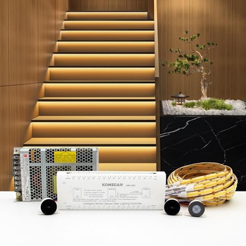Intelligent Motion Triggered LED Stair Lighting Kit KMG-3233, 40" Cuttable LED Strip Light for Indoor LED Stair Lights (Warm White 3000K,20 Stairs) by KOMIGAN