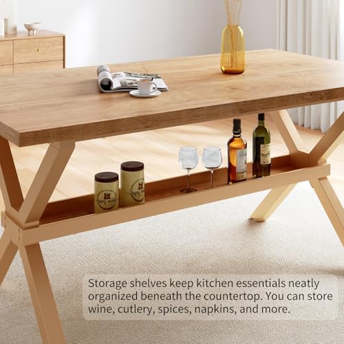HIPIHOM 63" Oak Dining Table with Storage Shelves - Image 5