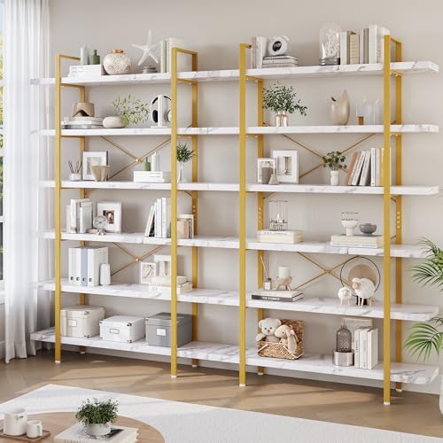 OtterOasis Bookshelf Set of 2, Heavy Duty 6-Tier Industrial Bookcase, 47" Wide Wood Bookshelf for Home Office, 120lbs Shelf Capacity, Open Display with Horizontal Shelf for Living Room Bedroom, White by OtterOasis