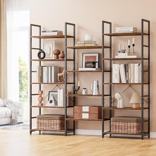 NUMENN Triple Wide 5-Tier Adjustable Bookshelf with 14 Shelves, Vintage by NUMENN