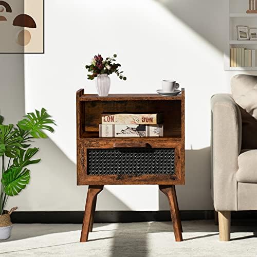 Lerliuo Rattan Nightstand, Boho Side Table with Drawer Open Shelf - Image 5