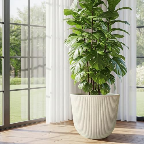 Worth Garden Round Large Planter Pot Set of 2-17.5" Dia x 15.5" H - Durable Plastic Beige Plant Tree Pots with Vertical Stripe Textured Finish, Drainage Hole for Indoor, Outdoor, Front Porch, Patio - Image 3