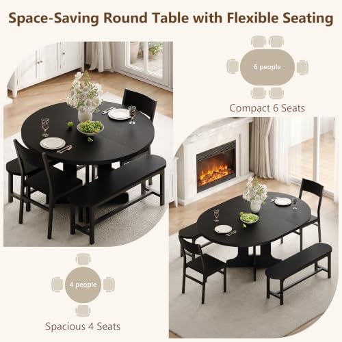 Einhomn 59" Extendable Round Dining Table Set for 4-6, 5-Piece Kitchen & Dining Room Table with 2 Chairs & 2 Benches, Wood Oval Dinner Table with Heavy Duty Pedestal Base, for Small Spaces, Black - Image 7