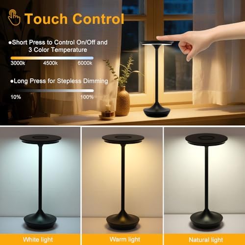 Rechargeable Cordless Table Lamp,Portable Outdoor Battery Operated LED Table Light Touch Control 3 Color Dimmable for Bedroom, Patio, Cofee,Dining Home,Restaurant&Living Room-Black - Image 3