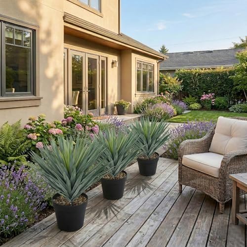 27 Inches Artificial Agave Plant for Indoor & Outdoor - Large Fake Agave Plant in Black Pot with Real Stone Pebbles, Modern Home Office Decor,126 Leaves (2 Pack) - Image 4