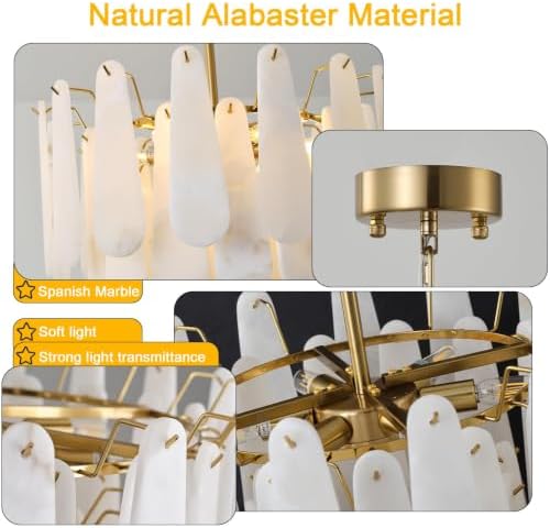 Alabaster Chandelier, D23.6in Modern Alabaster Round Dining Room Chandelier, 4-Tiers Luxury Natural Stone Ceiling Light Fixture, White Marble Chandeliers for Living Room Bedroom Foyer Entryway Kitchen - Image 3