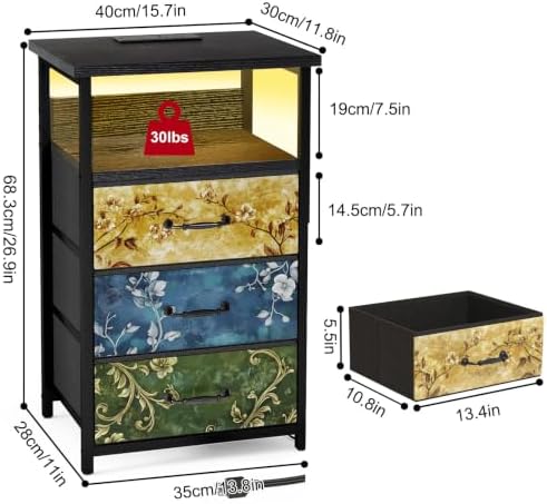 Fixwal Night Stand with 3 Fabric Drawers, Nightstand with Charging Station - Image 3