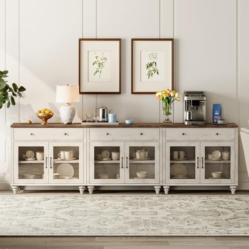 WAMPAT Sideboard Buffet Cabinets with Glass Doors, Large Kitchen Storage Cabinets, Wooden Coffee Bar Tables with Vintage Gourd Leg, Sideboard Credenza Table for Dining Room, Living Room, Rustic White by WAMPAT
