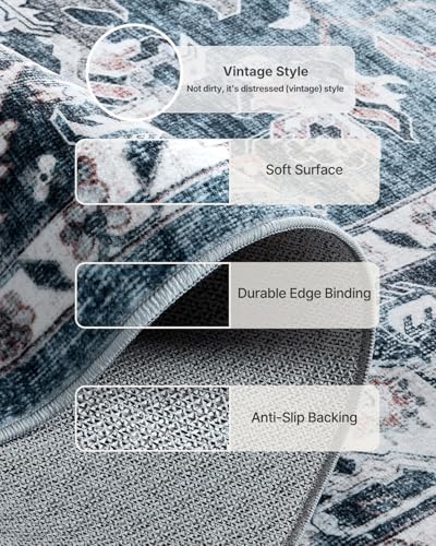 Amada 2'6" x 8' Washable Runner Rug for Hallway, Blue, Vintage Style - Image 5