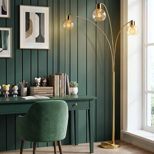QiMH 3 Lights Floor Lamps for Living Room, 72" Tall Lamp with Amber Glass Shade, Large Tree Floor Lamp with Foot Switch, Modern Arch Floor Lamp for Bedroom Office, Brushed-Gold, 2700K Bulbs Included - Image 7