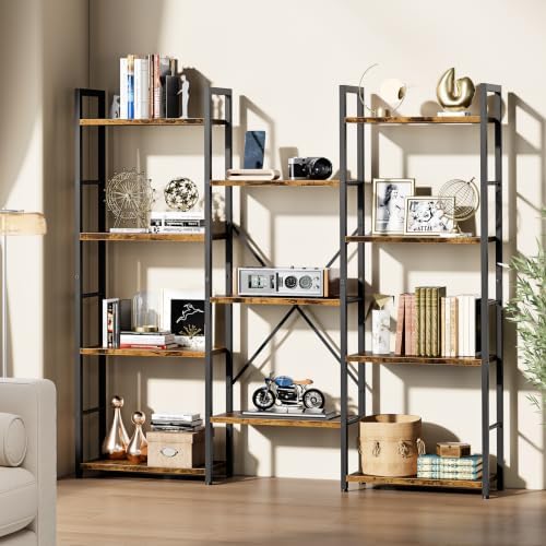 Shintenchi Triple Column 4 Tier Bookshelf, Industrial Large Bookcase Display Shelves, Large Etagere Bookshelf,Wide Book Shelf Book Case for Home & Office, Rustic Brown - Image 2
