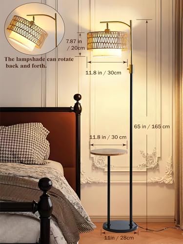 Dimmable Floor Lamp with Table and Marble Base, Arc Floor Lamp with Dimmable Bulb, Boho Farmhouse Standing lamp with Fabric & Rattan Lampshades for Living Room Bedroom (Black and Gold) - Image 4