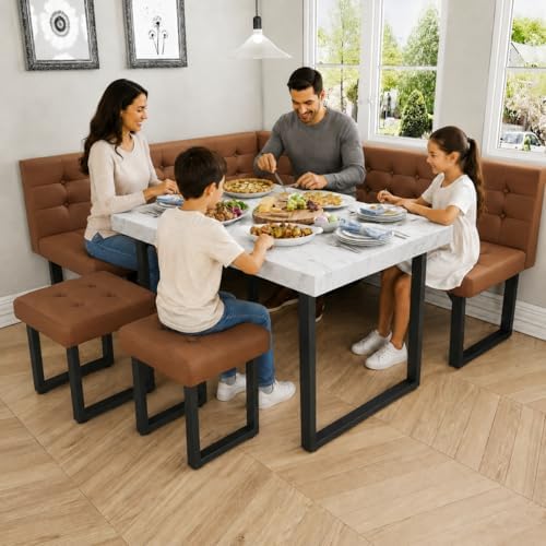 XIAO WEI Corner Dining Table Set for Small Spaces, 72 Inch Breakfast Nook with Storage Banquette, 5 Piece Dining Set with Upholstered Bench, Modern Caramel Brown by XIAOWEI
