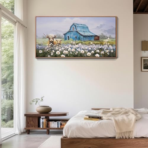 Anolyfi Highland Cow Farmhouse Wall Art for Living Room, Blue Barn Paintings Warm and Cozy Decor for Bedroom Dining Room Home Hallway, Framed 58"x29" - Image 4