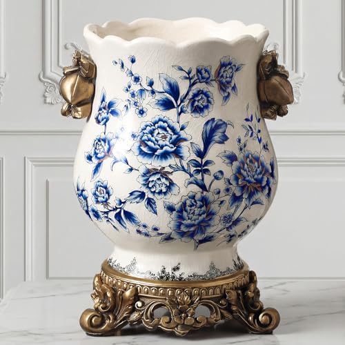 Vintage Blue and White Ceramic Vase with Gold Pedestal, Chinoiserie Floral Urn for Home Decor, 8.3" Antique French Country Retro Ice Cracked Centerpiece for Table, Mantel, and Fresh Flowers by Unknown